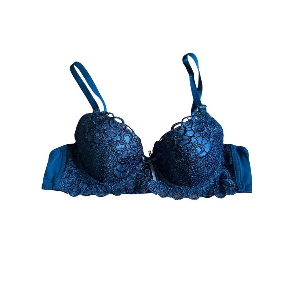 Coobie 38A Blue Floral Lace Padded Push-Up Bra With Adjustable Straps & Hook Clo